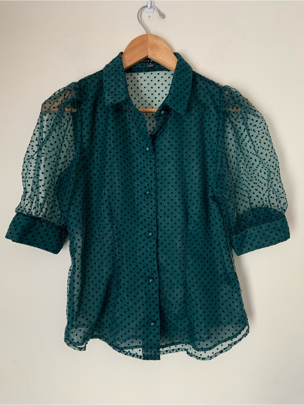 Haute Monde Coquette Green Sheer Velvet Polka Dot Puff Sleeve Blouse S Romantic